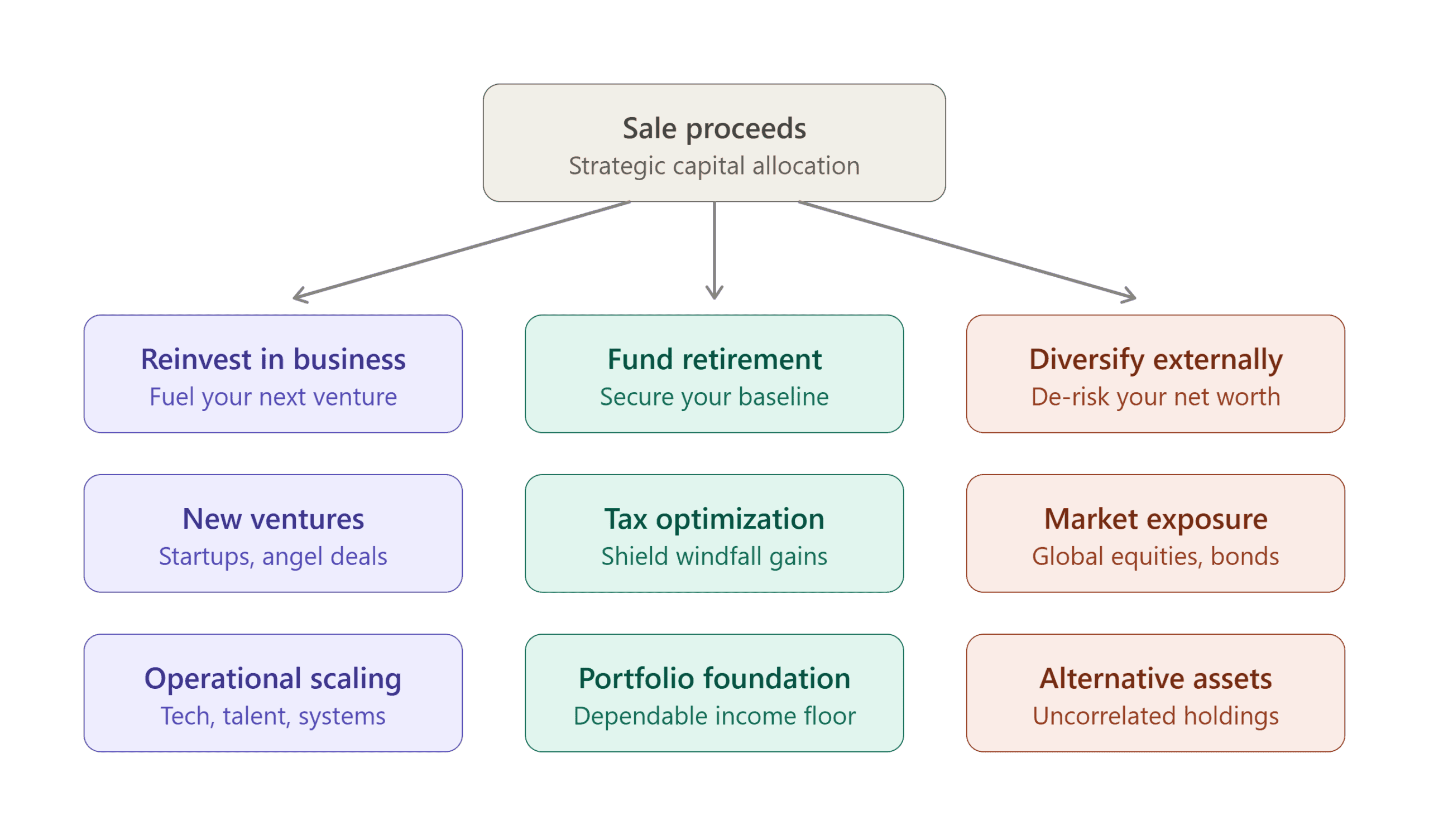 Chart of business sale proceeds allocation. Three paths: reinvest in business (new ventures, operational scaling), fund retirement (tax optimization, portfolio foundation), and diversify externally (market exposure, alternative assets).
