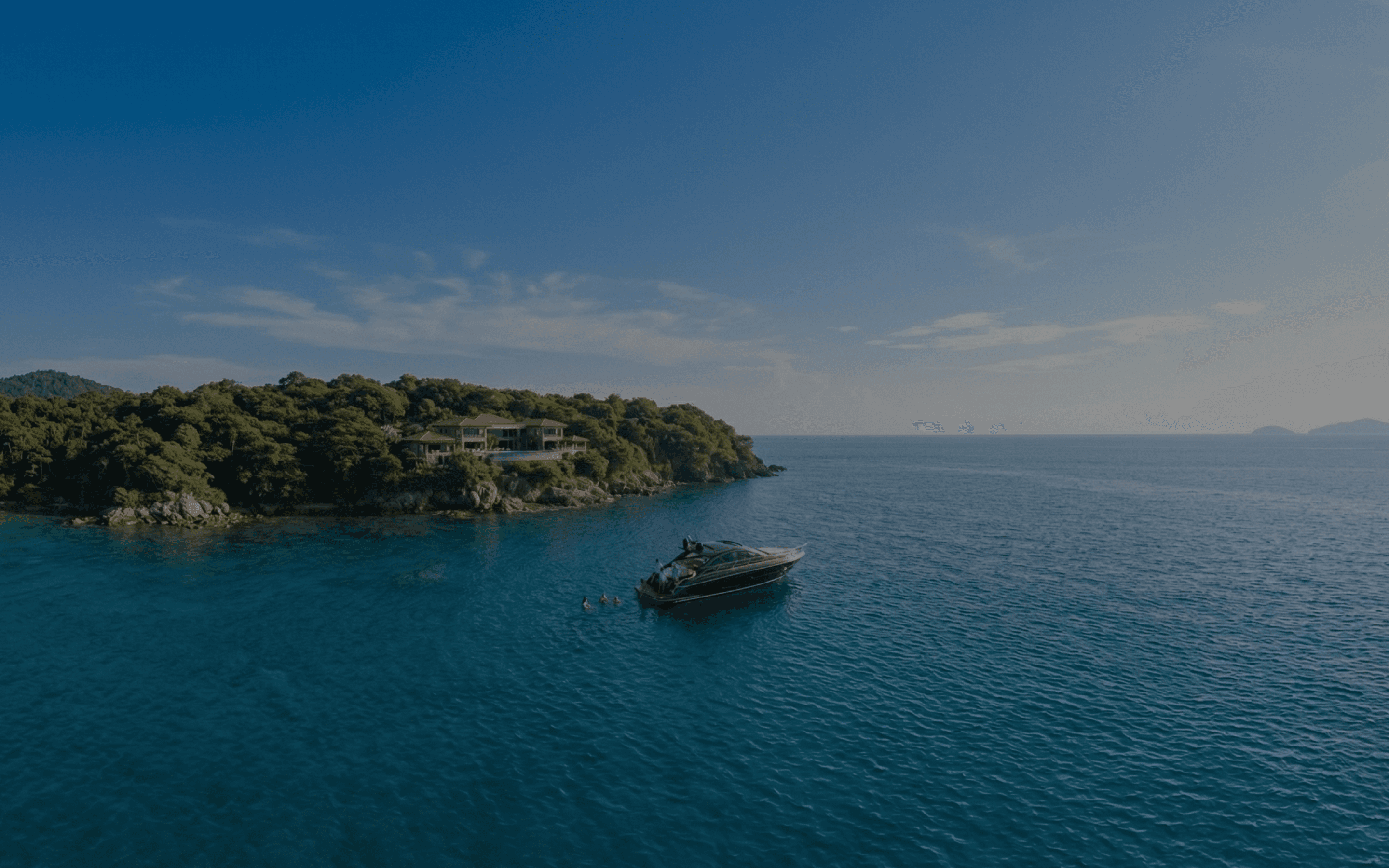 Luxury boat docked near a serene coastline. Human images in this ad were created using AI.