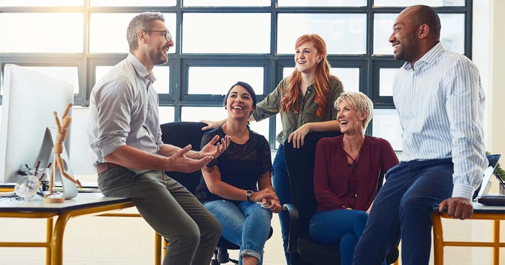 business team discussing workplace culture at informal meeting