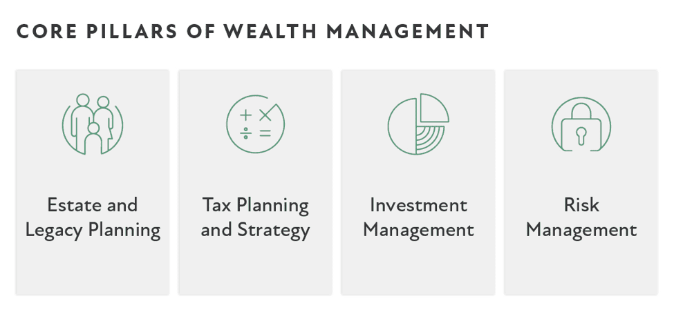 Core pillars of wealth management highlighting investment, tax, estate, risk and legacy planning for high-net-worth individual