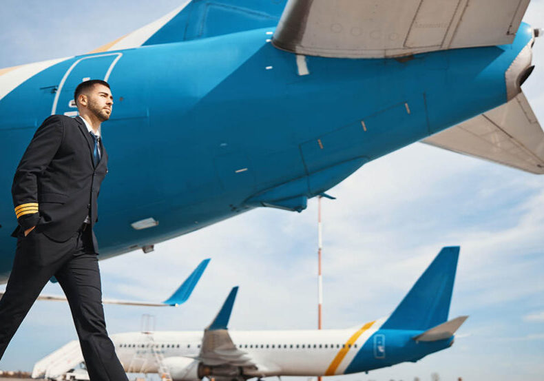 Captain of a plane going along blue tail of plane on takeoff strip while hiding his hands in trousers pockets